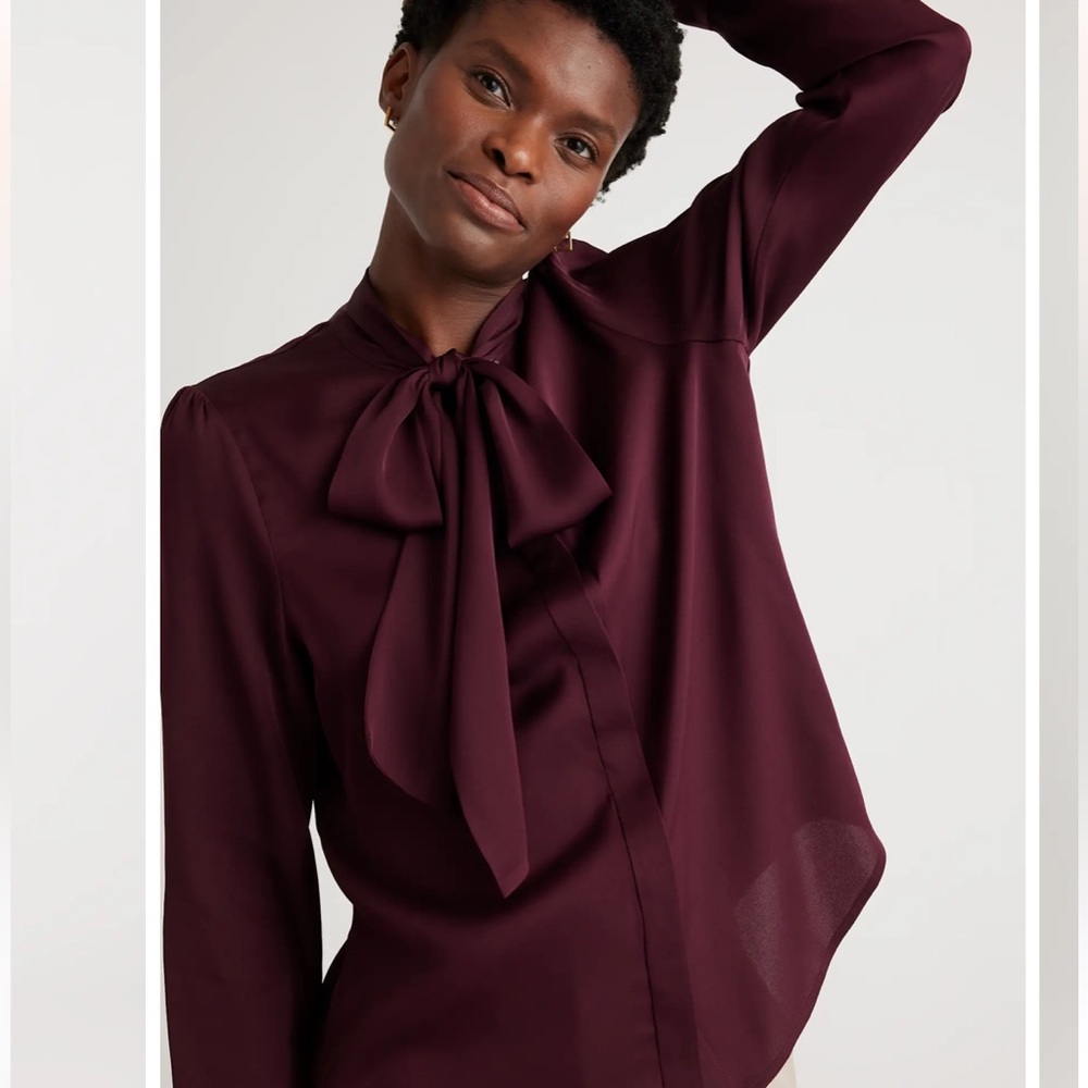 Quince Washable Stretch Silk Tie Neck Blouse in Wine Tasting size S - Picture 3 of 8